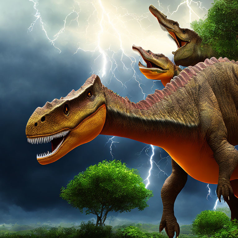 Three dinosaurs with frills and sharp teeth roaring under stormy sky with lightning bolts