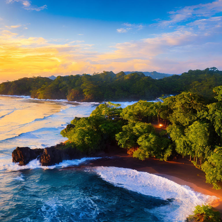 Tropical Coastline with Lush Forest and Black Sandy Beach