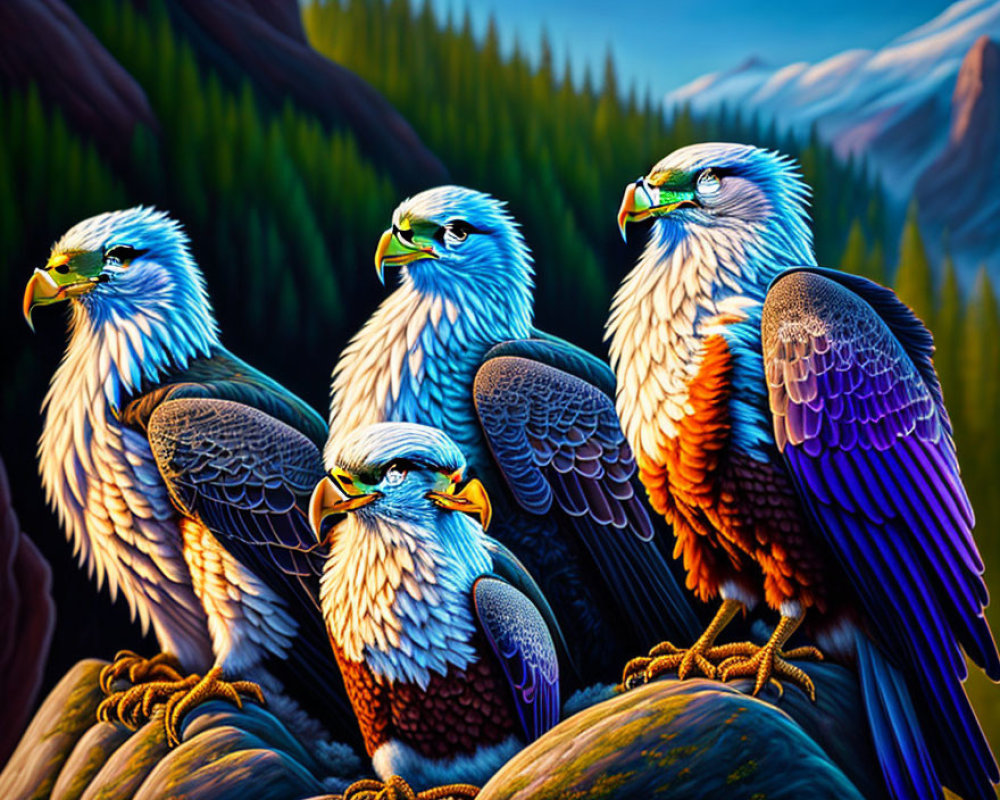 Stylized eagles with blue and white feathers in forest scene