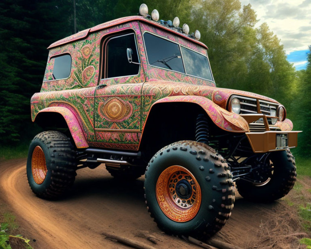 Colorful Off-Road Vehicle with Oversized Tires on Dirt Track