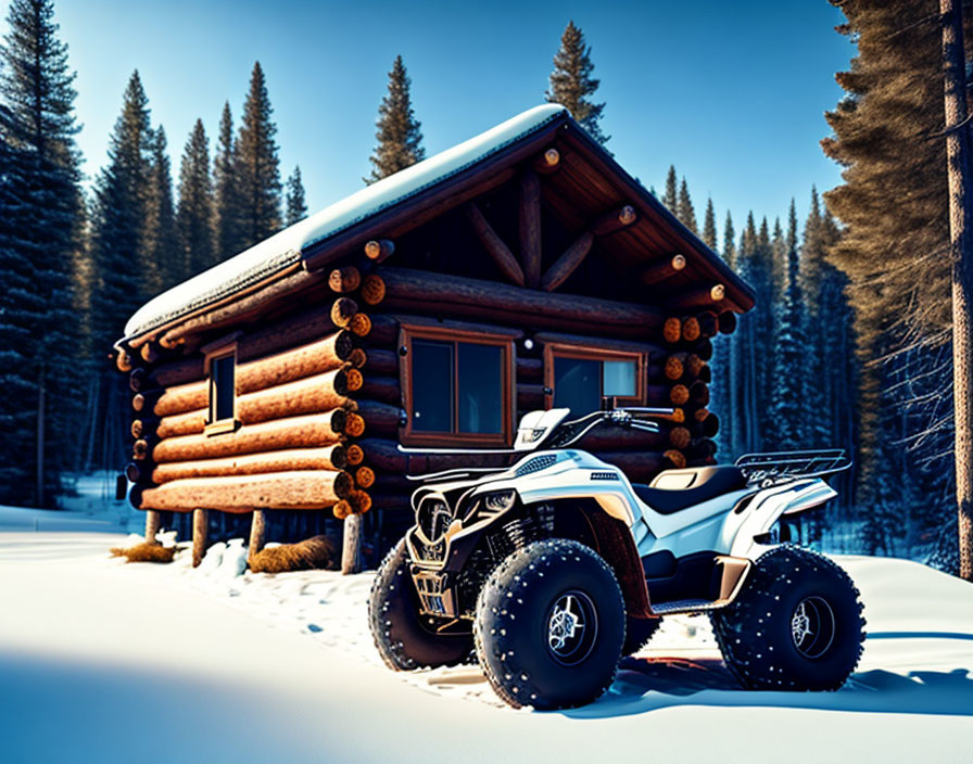 Snow-covered ATV parked in front of cozy log cabin surrounded by snowy pines under clear blue sky