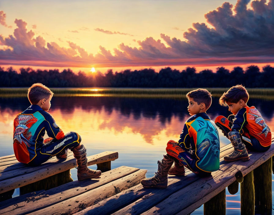 Children in motocross gear on wooden dock at sunset by calm lake