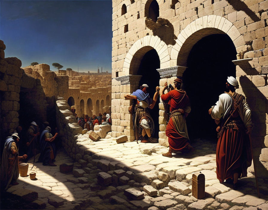 Biblical scene with ancient attire, stone arches, and blue sky