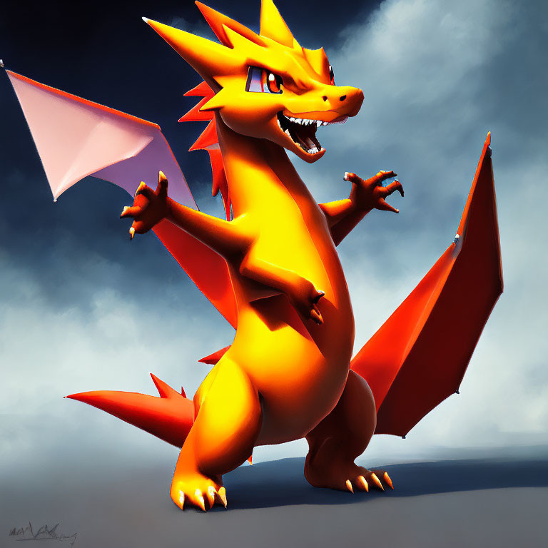 Stylized 3D-rendered dragon with orange scales and red wings