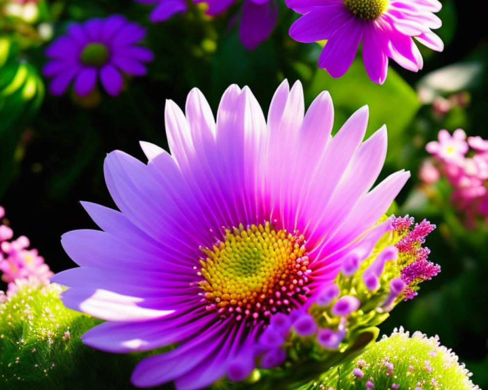 Vibrant purple daisy-like flowers with yellow center in lush greenery