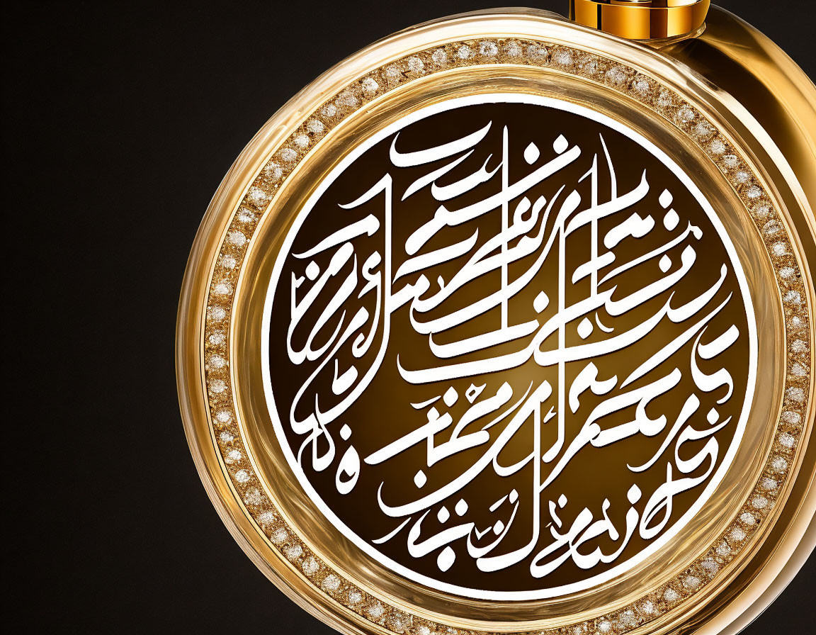 Golden Arabic Calligraphy Pendant with Diamond Rings on Black Background