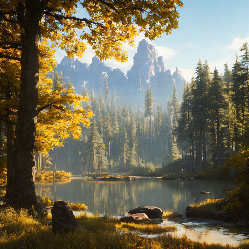 Tranquil autumn landscape with lake, golden trees, evergreens, and rocky mountain