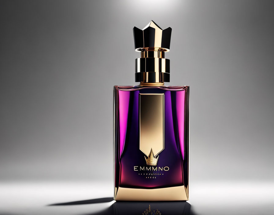 Reflective Purple Gradient Perfume Bottle with Crown-like Black Cap & Gold "EMMANO" Label