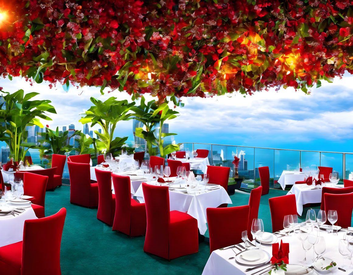 Elegant Outdoor Dining Area with Red Chairs and Floral Ceiling