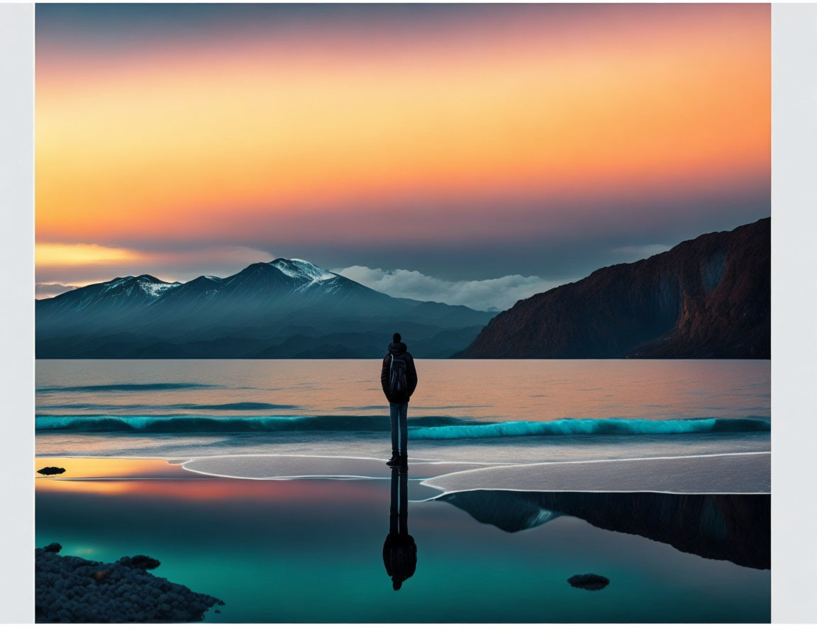 Person Reflecting on Twilight Shore with Mountains and Orange Sky