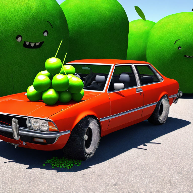 Red Car with Green Apples on Roof Surrounded by Smiling Apple Characters