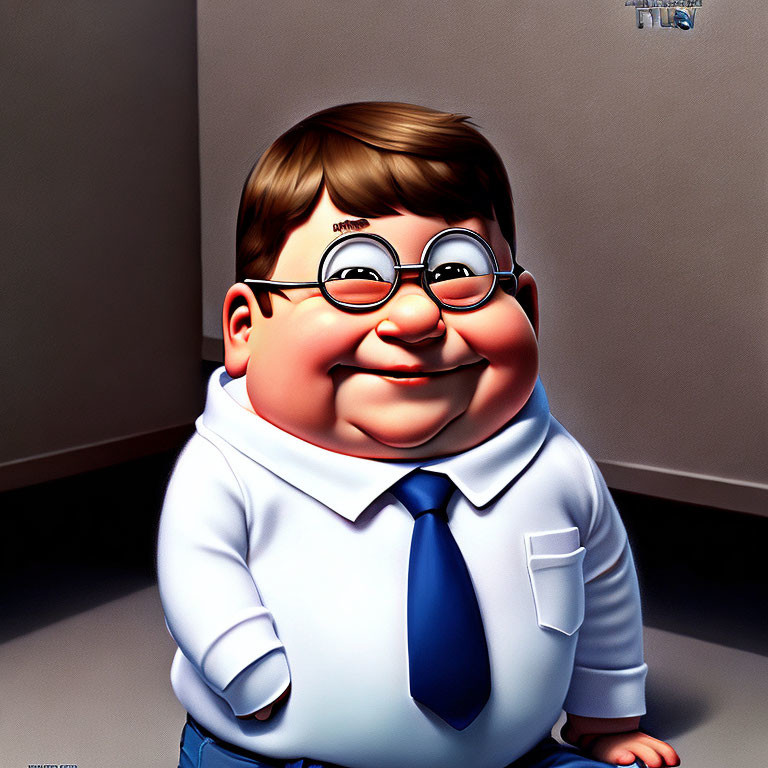 Chubby Boy with Glasses in Shirt and Tie Against Wall with Looming Shadow