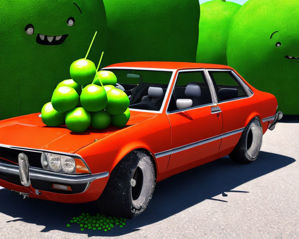 Red Car with Green Apples on Roof Surrounded by Smiling Apple Characters