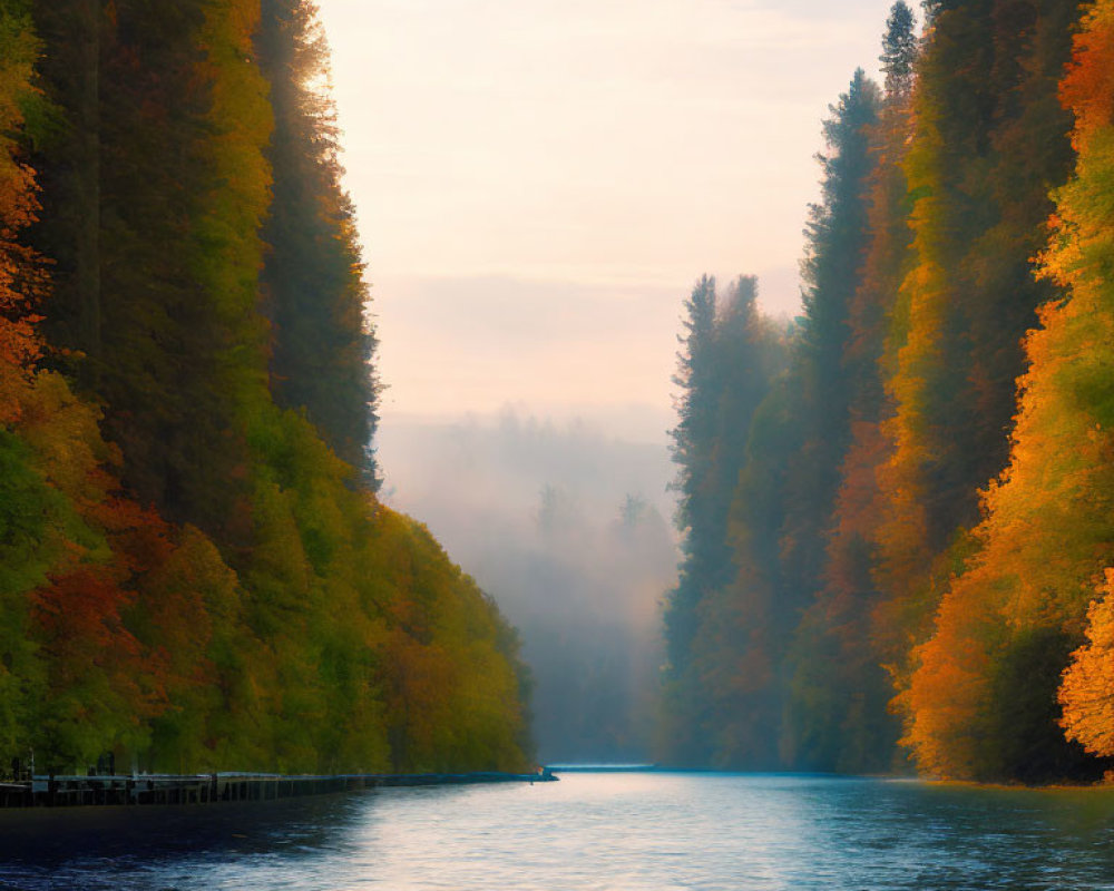 Tranquil river with autumn trees under misty sunrise or sunset