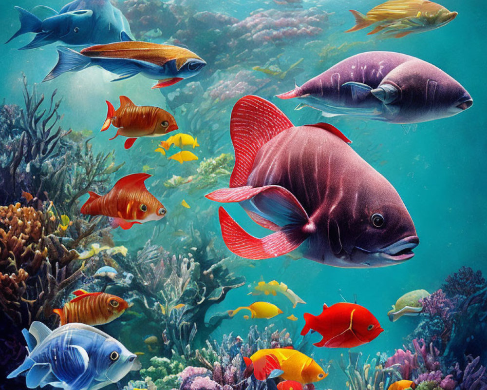 Colorful Fish Swimming Amongst Coral Reefs in Vibrant Underwater Scene