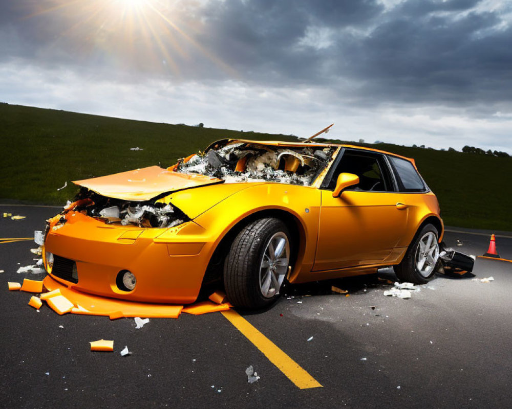 Damaged yellow car with crumpled front end on road under cloudy sky