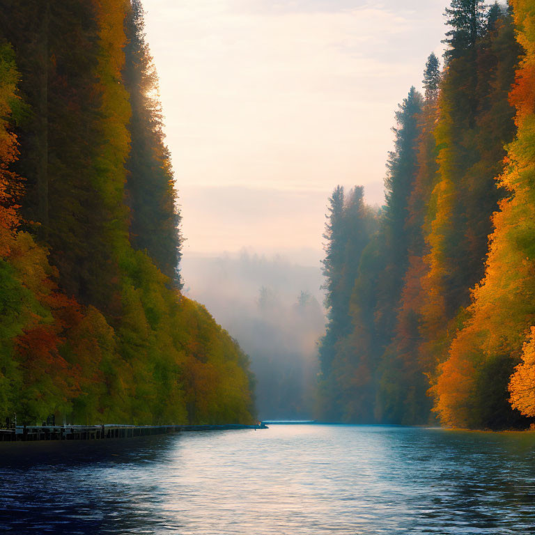 Tranquil river with autumn trees under misty sunrise or sunset