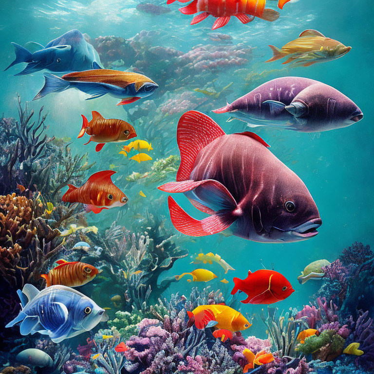 Colorful Fish Swimming Amongst Coral Reefs in Vibrant Underwater Scene