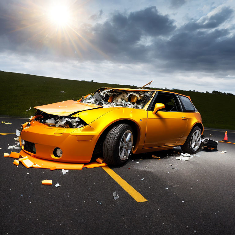 Damaged yellow car with crumpled front end on road under cloudy sky