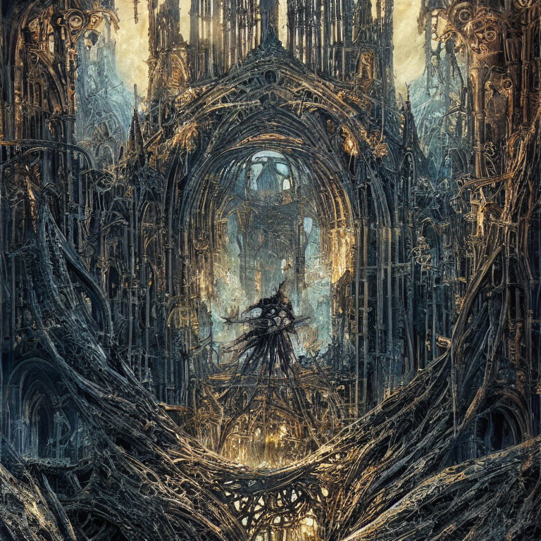 Detailed Gothic Cathedral with Tree-like Figure and Moody Background