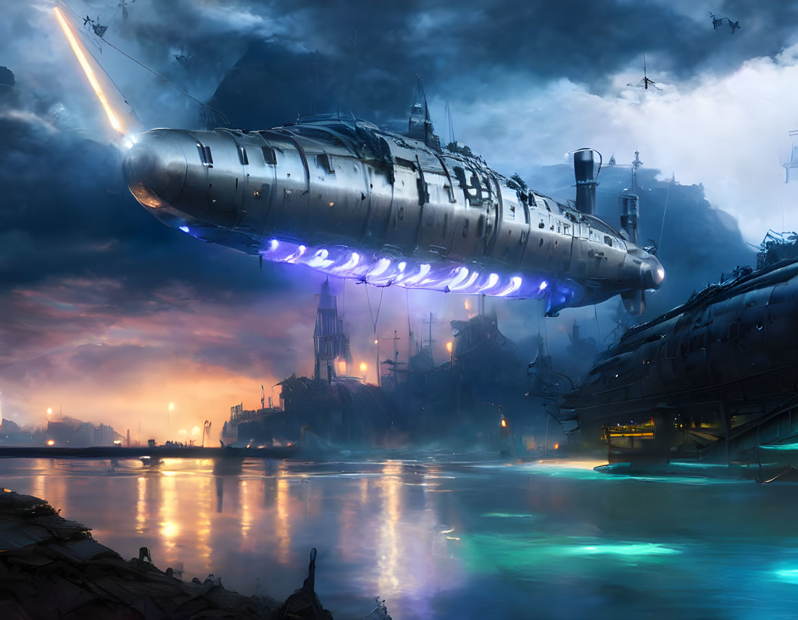 Futuristic airship over mirror-like water and industrial cityscape