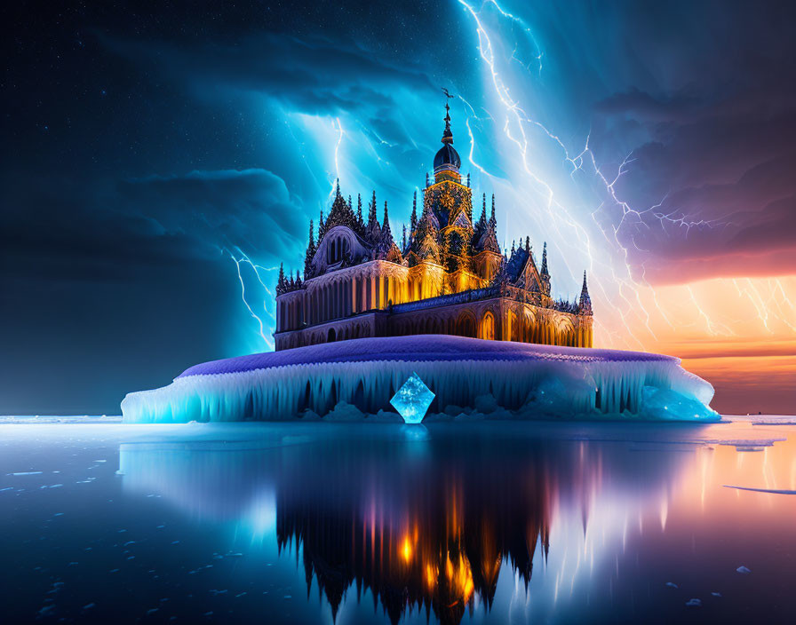 Fantasy ice palace under dramatic night sky with lightning bolts reflected on serene water.