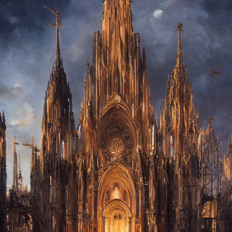 Detailed Gothic cathedral with dramatic sky and warm light