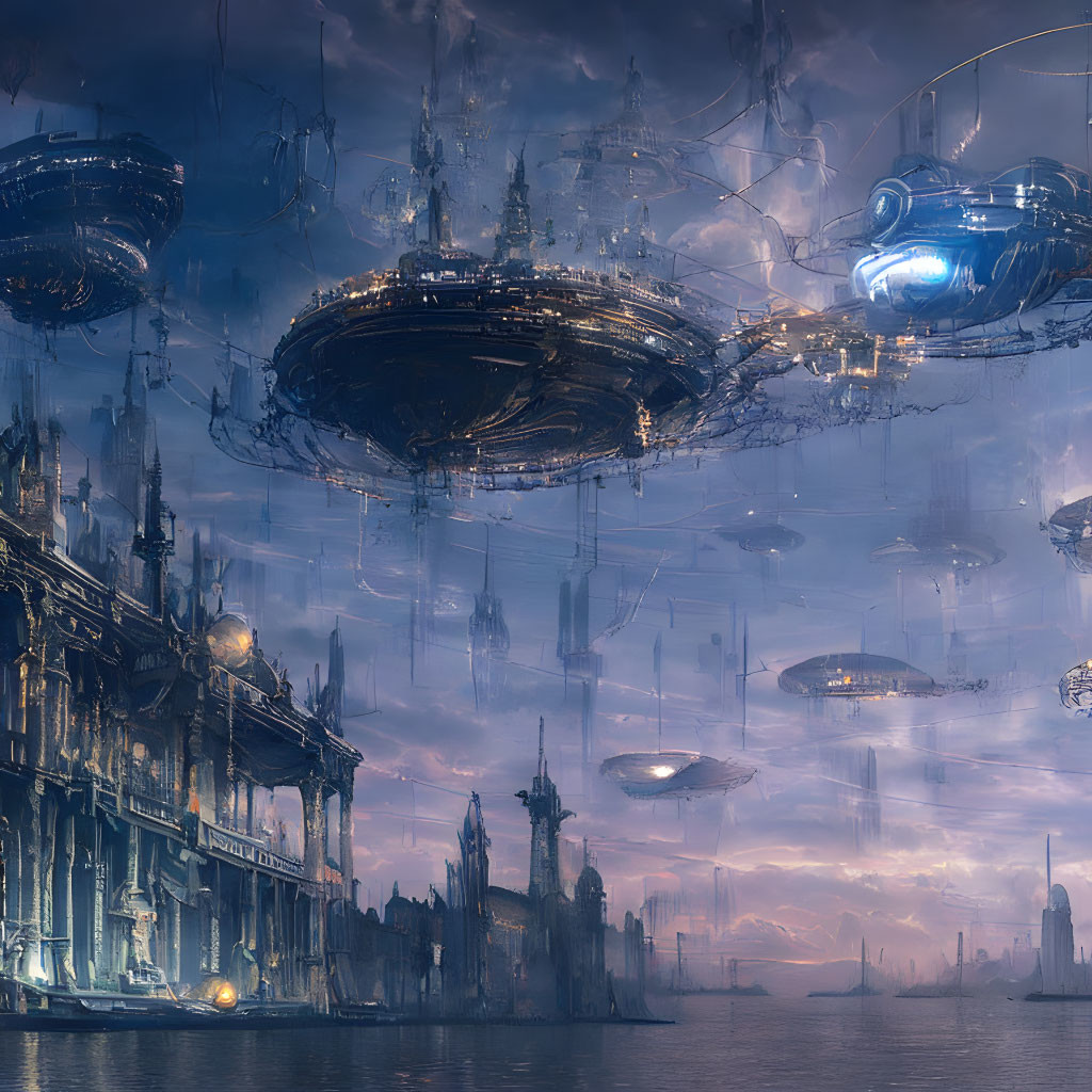 Futuristic cityscape with towering spires and airships in dramatic sky