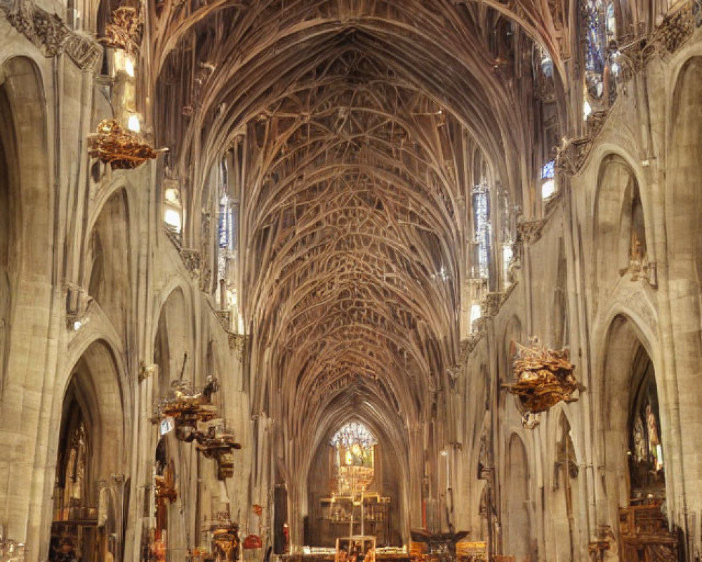 Gothic Cathedral Interior with Arched Vaults and Chandeliers