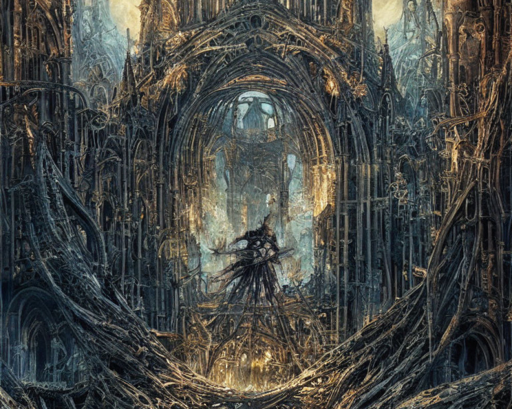 Detailed Gothic Cathedral with Tree-like Figure and Moody Background