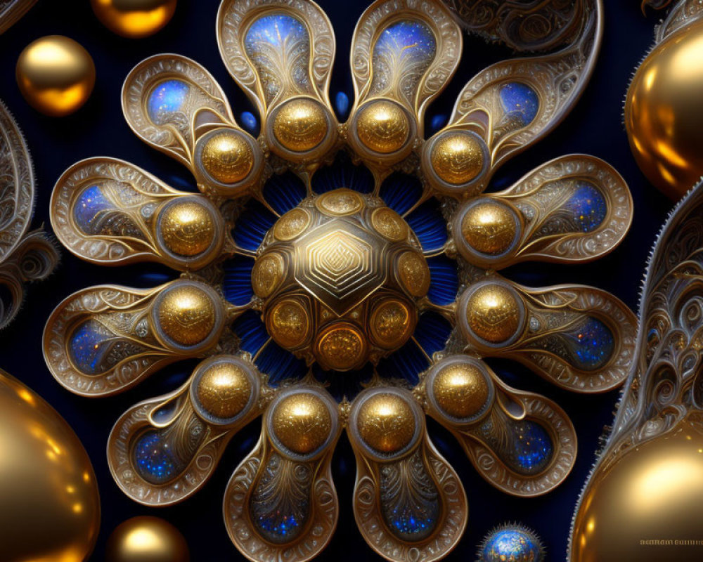 Golden fractal art: intricate designs on dark blue background