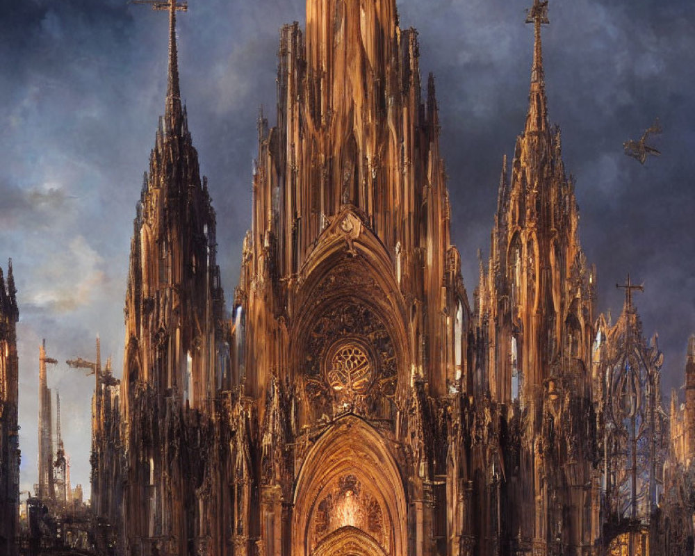 Detailed Gothic cathedral with dramatic sky and warm light