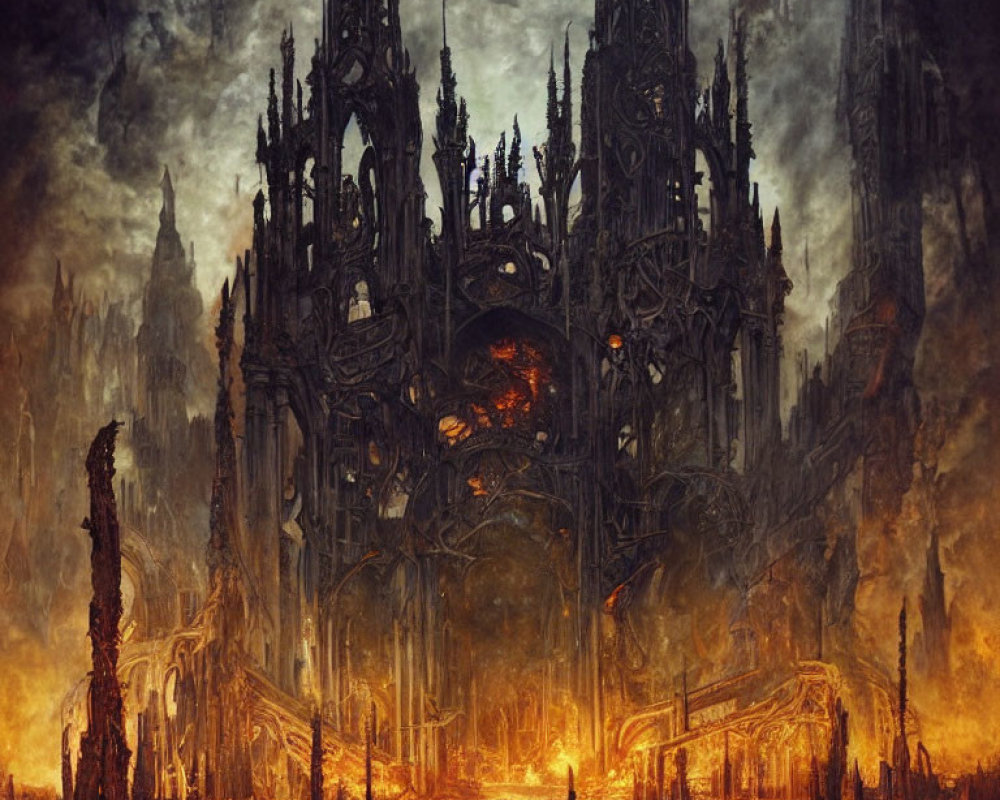 Gothic castle with spires in fiery, apocalyptic landscape