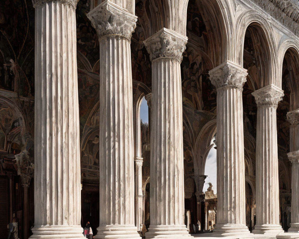 Grandiose marble columns and ornate arched corridor with people in the background