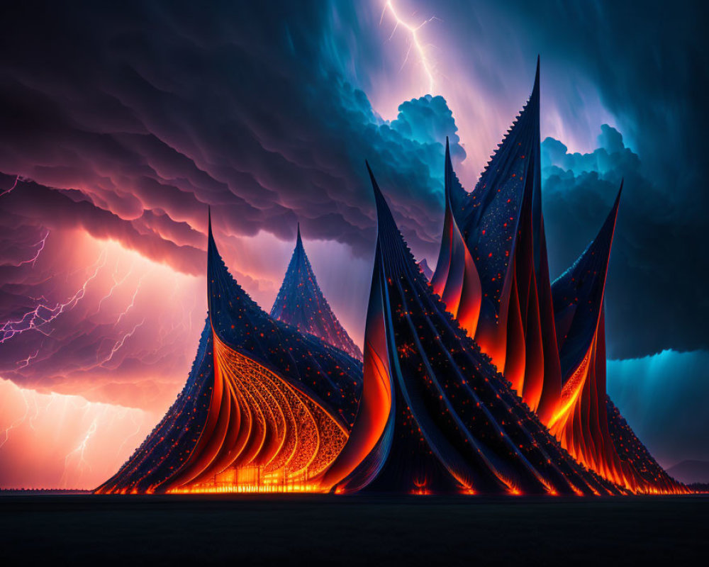 Futuristic digital landscape with glowing spires under stormy sky