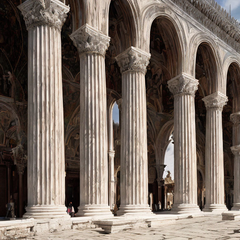 Grandiose marble columns and ornate arched corridor with people in the background