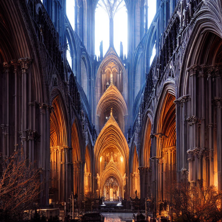 Gothic Cathedral Interior with Tall Arches and Ornate Altar