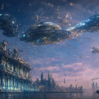 Futuristic cityscape with towering spires and airships in dramatic sky