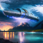 Futuristic airship over mirror-like water and industrial cityscape