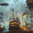 Fantasy steampunk cityscape with flying ships and golden glow