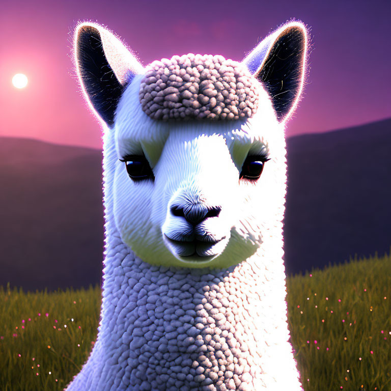 3D illustration of serene llama in grassy field at sunset