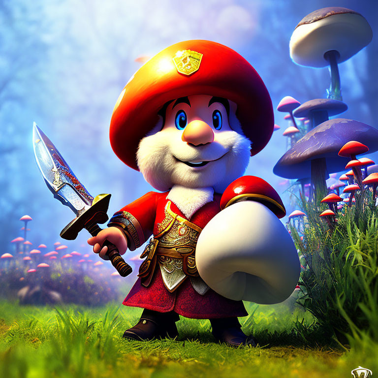 Armored character with mushroom helmet in fantastical forest