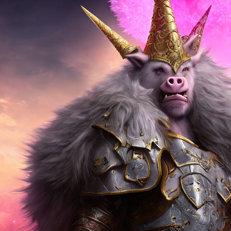 Majestic boar-headed creature in golden armor against pink and purple sky