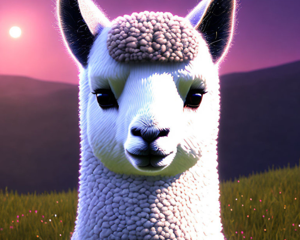 3D illustration of serene llama in grassy field at sunset