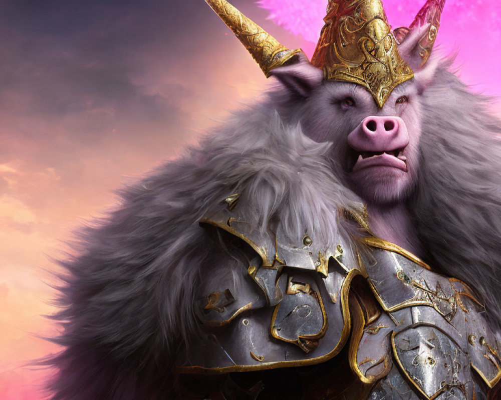 Majestic boar-headed creature in golden armor against pink and purple sky