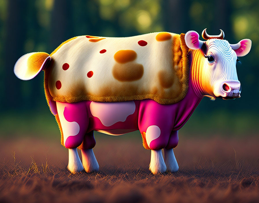 Colorful stylized cow illustration on white background with forest backdrop.