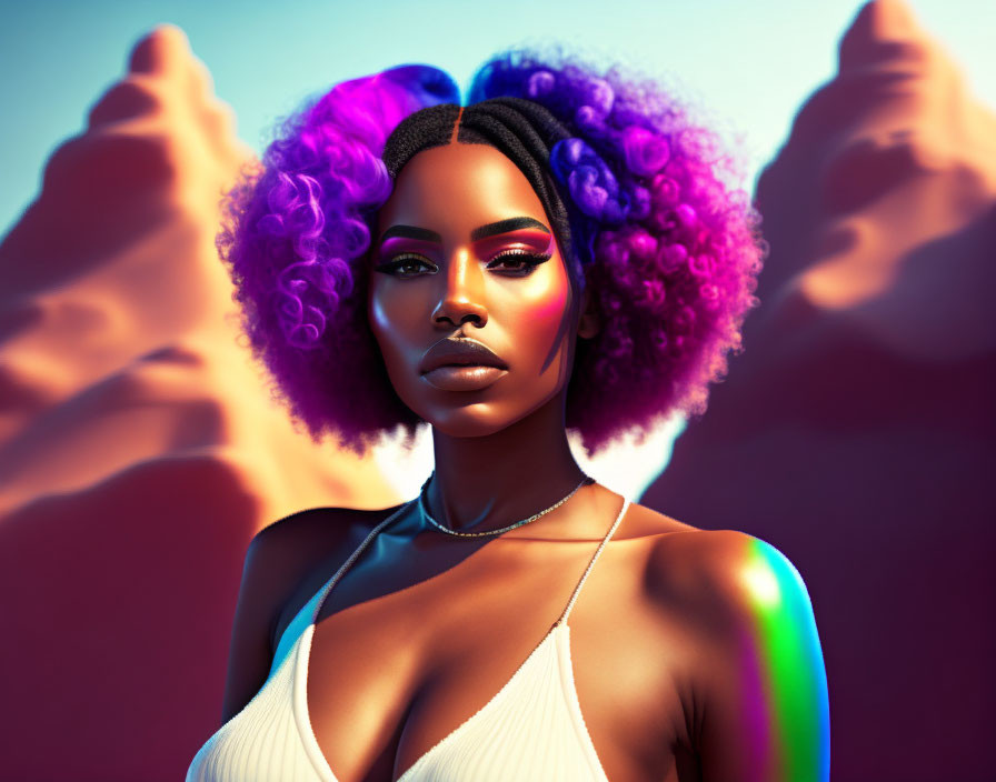 Digital artwork featuring woman with purple ombre hair in holographic glow against pastel desert.