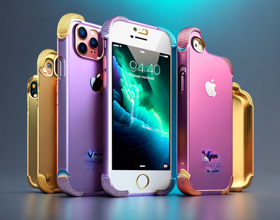 Metallic iPhone models in gold, rose gold, and purple colors on reflective surface