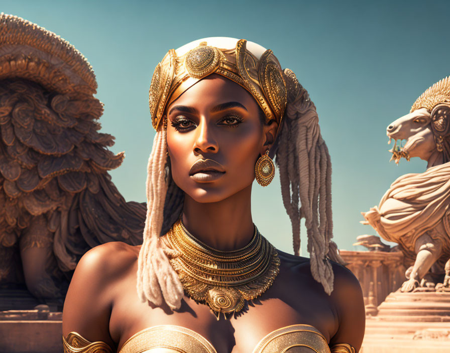 Golden Headgear and Lion Sculptures: Ancient Egyptian Queen-Inspired Regal Figure