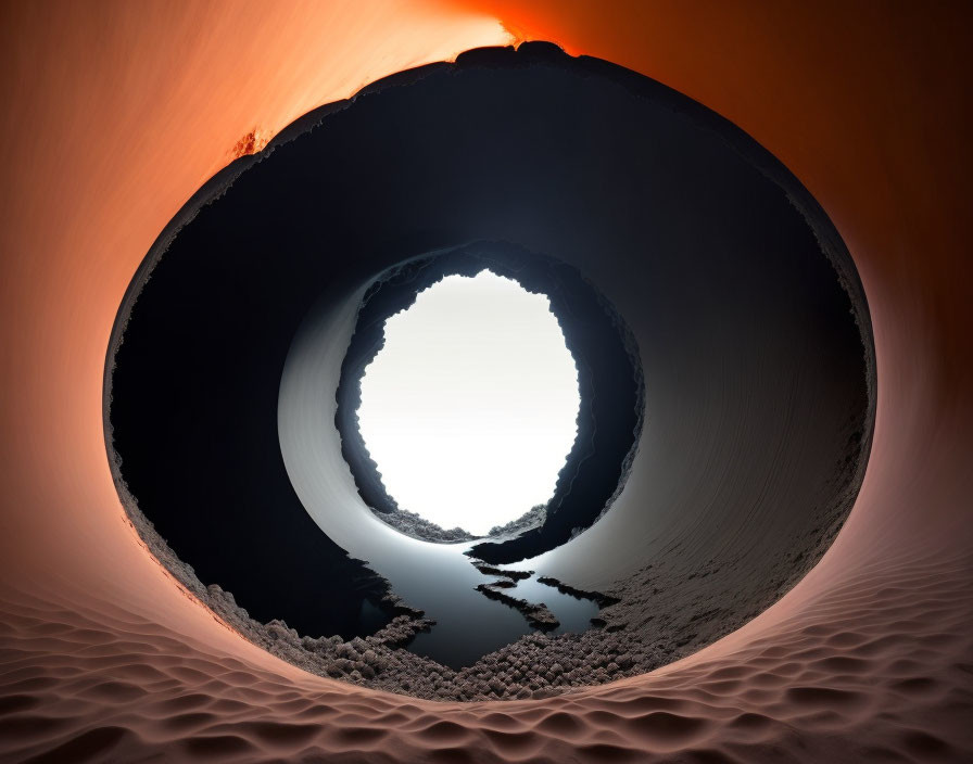 Circular fisheye desert landscape at dusk with skyline and clouds silhouette.